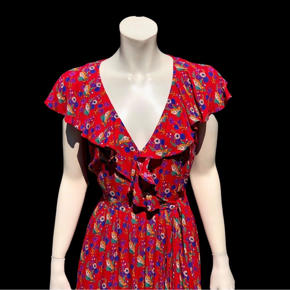 Red ANTHROPOLOGIE MAEVE Calico Floral Faux Wrap Sleeveless Mimi Dress 4 - Picture 2 of 10